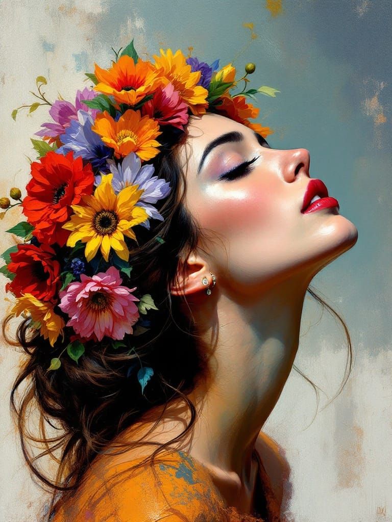 Oil Painting of Woman with Flower Wreath