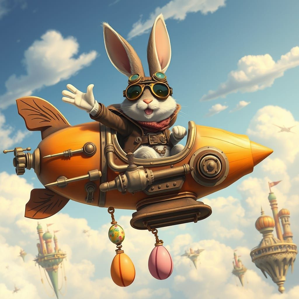 Depict a steampunk Easter Bunny, clad in goggles and a leath...