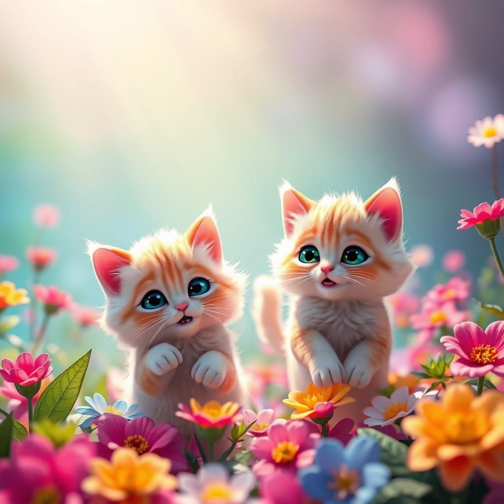 Whimsical Felines in a Vibrant Garden Scene