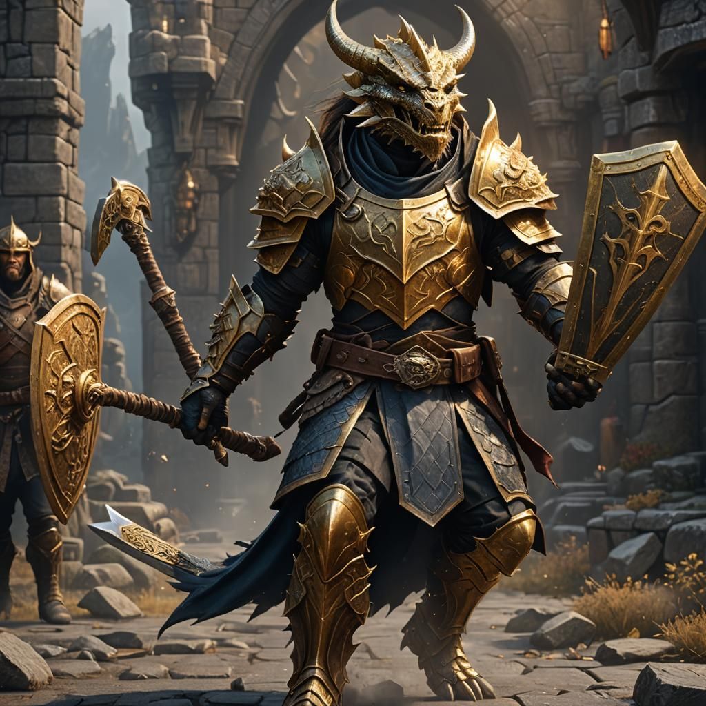 Gold Dragonborn Paladin with Hammer, Fantasy Art