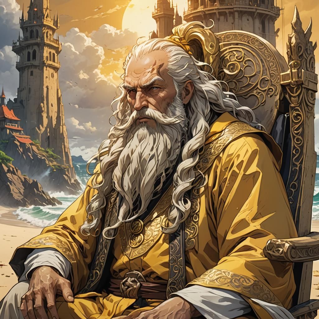 Anime Mage on Beach with Ocean Tower