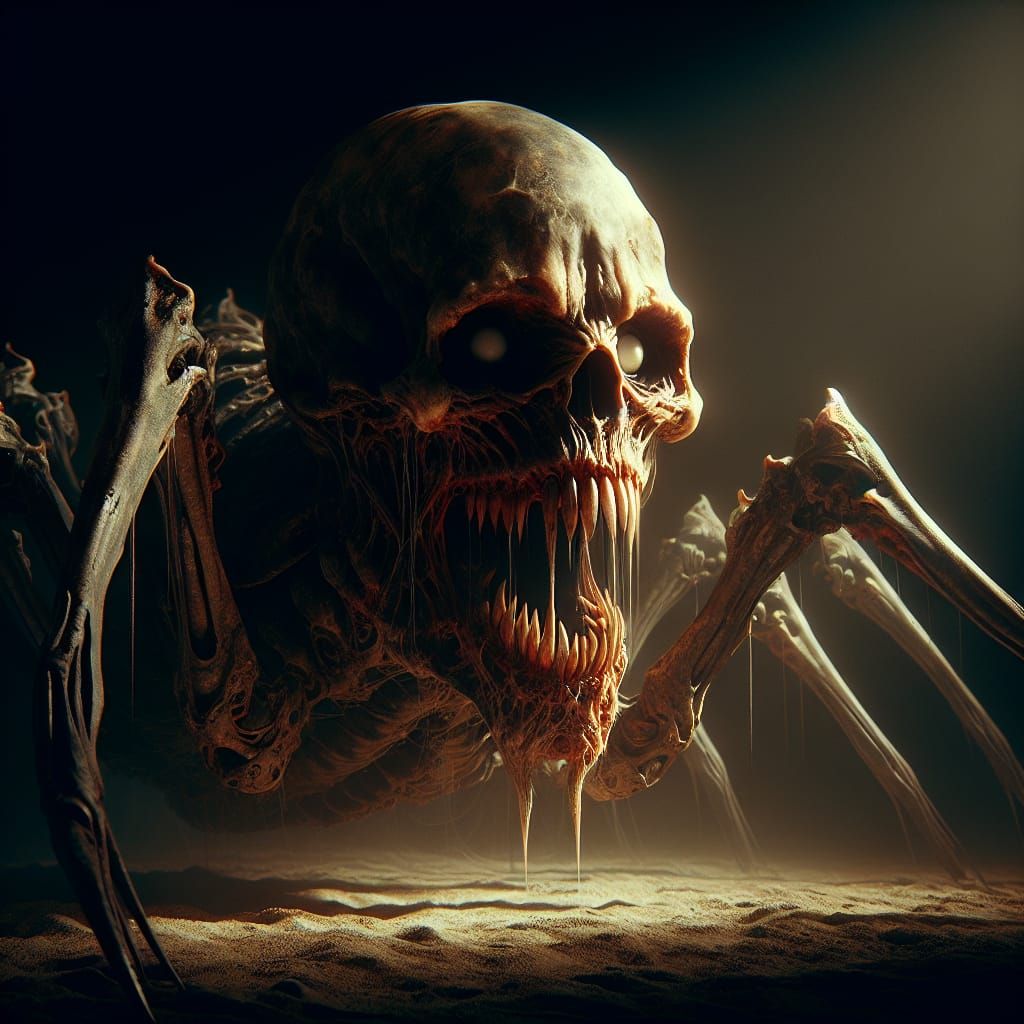 Dark and eerie scene featuring a monstrous creature with a d...