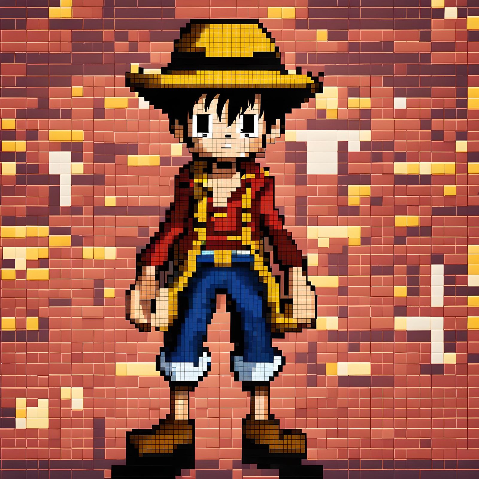 Pixelated Luffy from One Piece in 8-bit Style