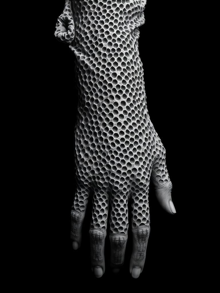 Surreal Hand Covered in Hexagonal Holes