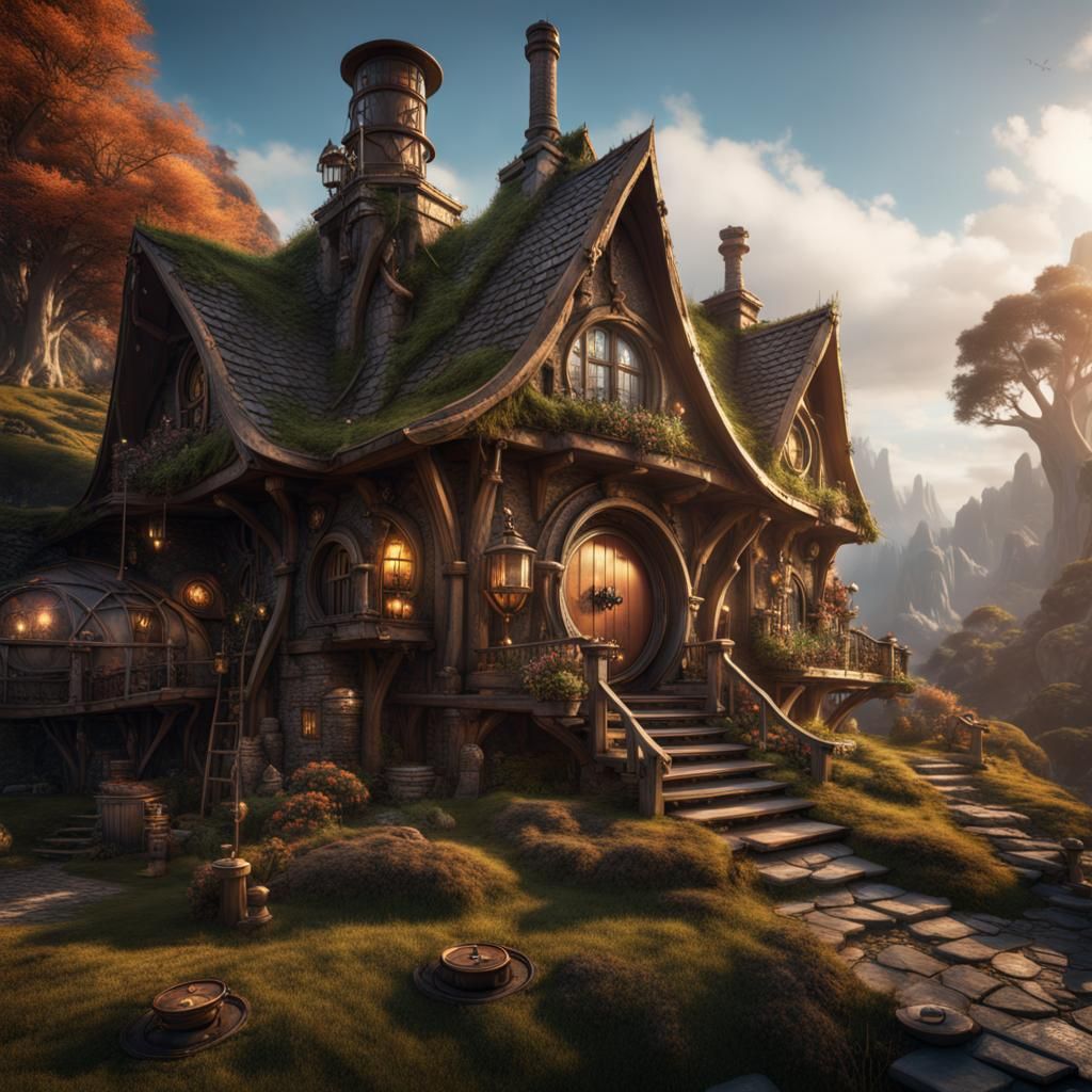 Steampunk Hobbit Dwelling in Detailed Matte Painting
