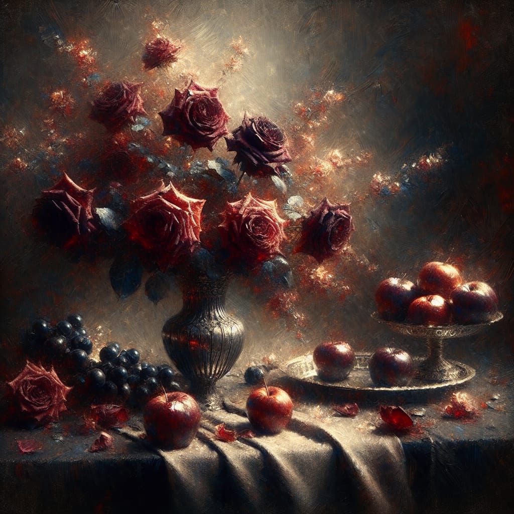 Dark Roses and Apples in Soft Focus Oil Painting