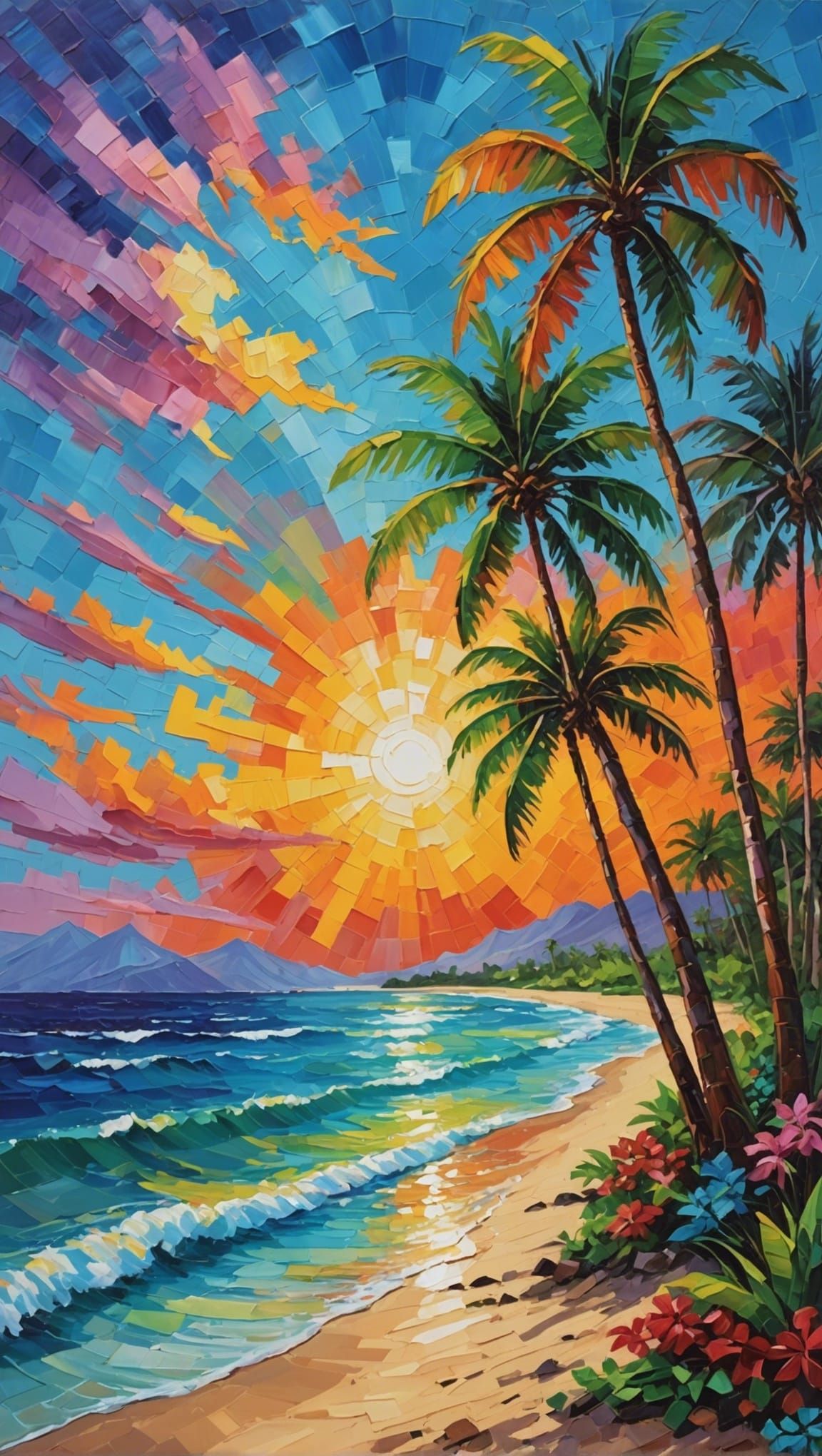 Hawaiian Beach Palm Trees in Expressionist Style