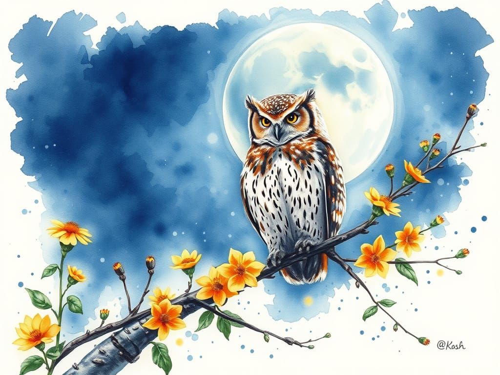 Midnight Bloom: Owl Amidst Glowing Wildflowers in Blue Moonl...