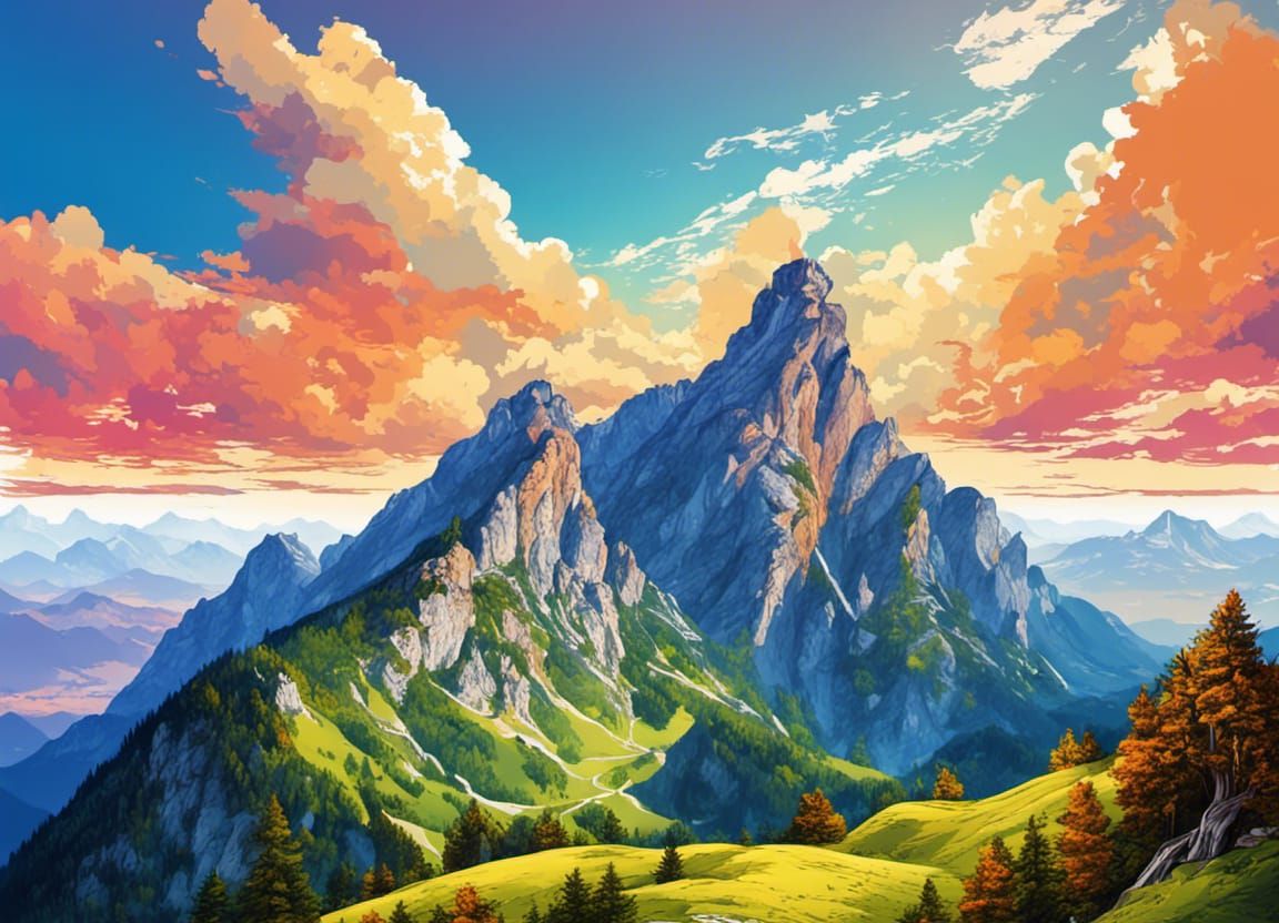 Intricate Mountain Landscape: Digital Illustration