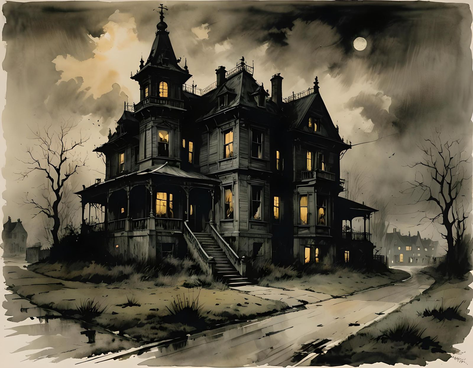 Eerie Home at Night in Rococo Style