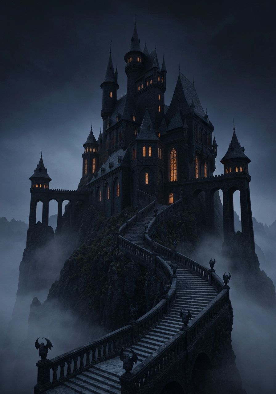 Creepy Obsidian Dracula Castle on Mountain Side