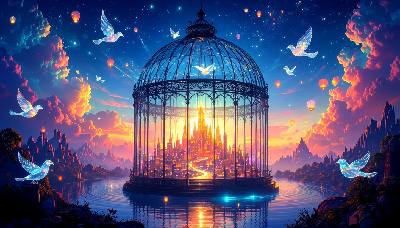 Ornate Birdcage Holds Miniature Glowing World