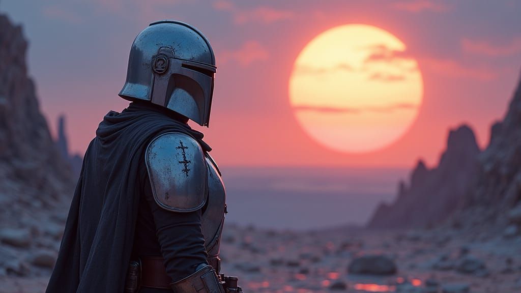 Mandalorian Warrior on Alien Planet in Hyperrealistic Style