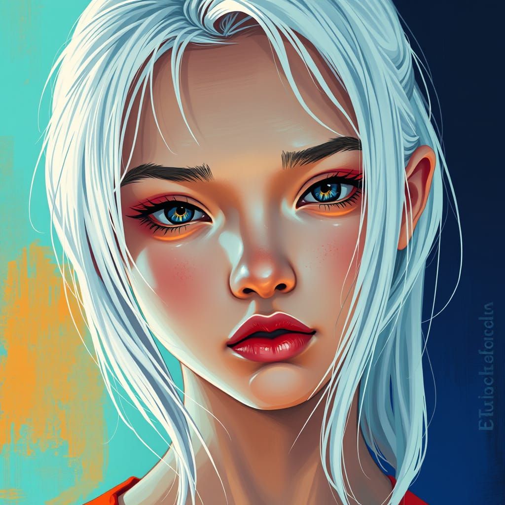 Hyper-Realistic Girl with White Hair in Vibrant, Stylized Co...