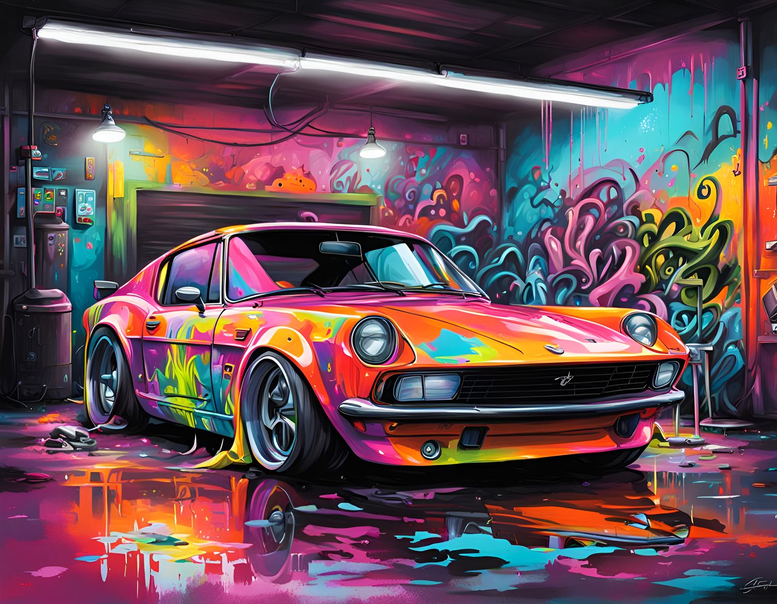 Tuned Sports Car in Neon Graffiti Garage