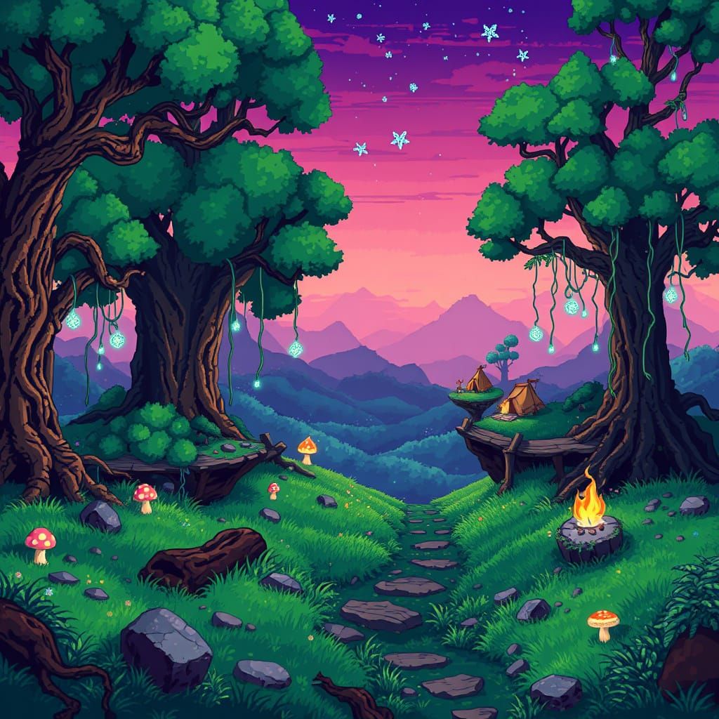 Whimsical Fantasy Forest in 8-bit Pixel Art Style
