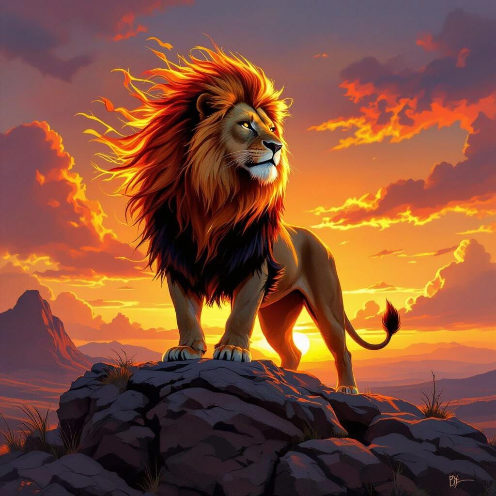 Fiery Lion at Sunset in Heroic Fantasy Style