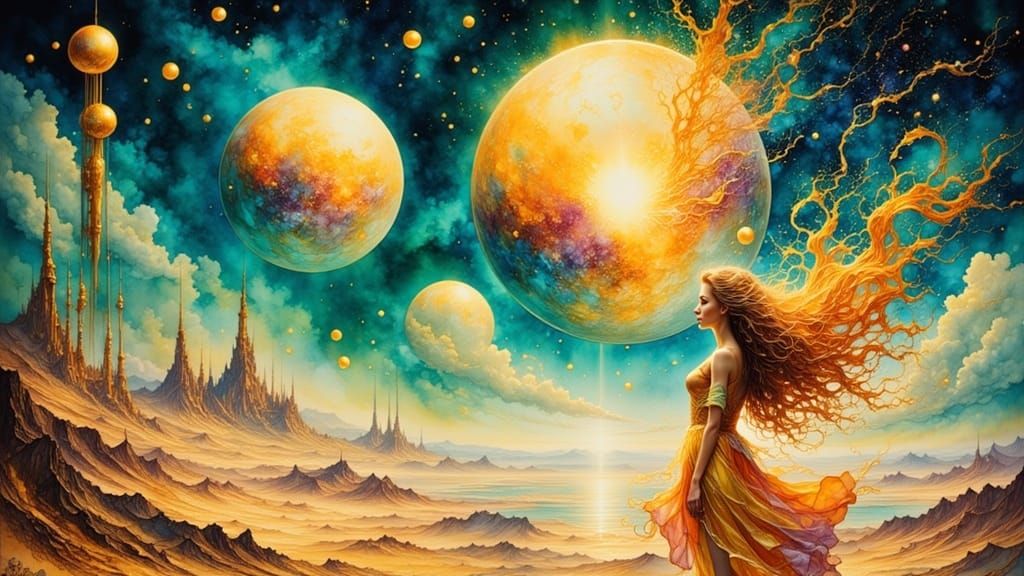 Woman Dissolving into Stardust on Retro-Futuristic Planet