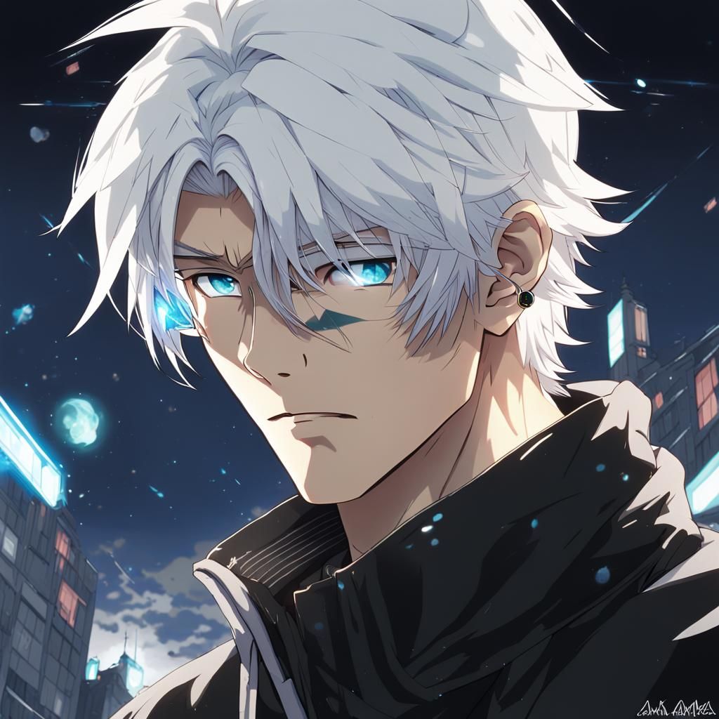 Anime Style Portrait of Scarred Man with White Hair