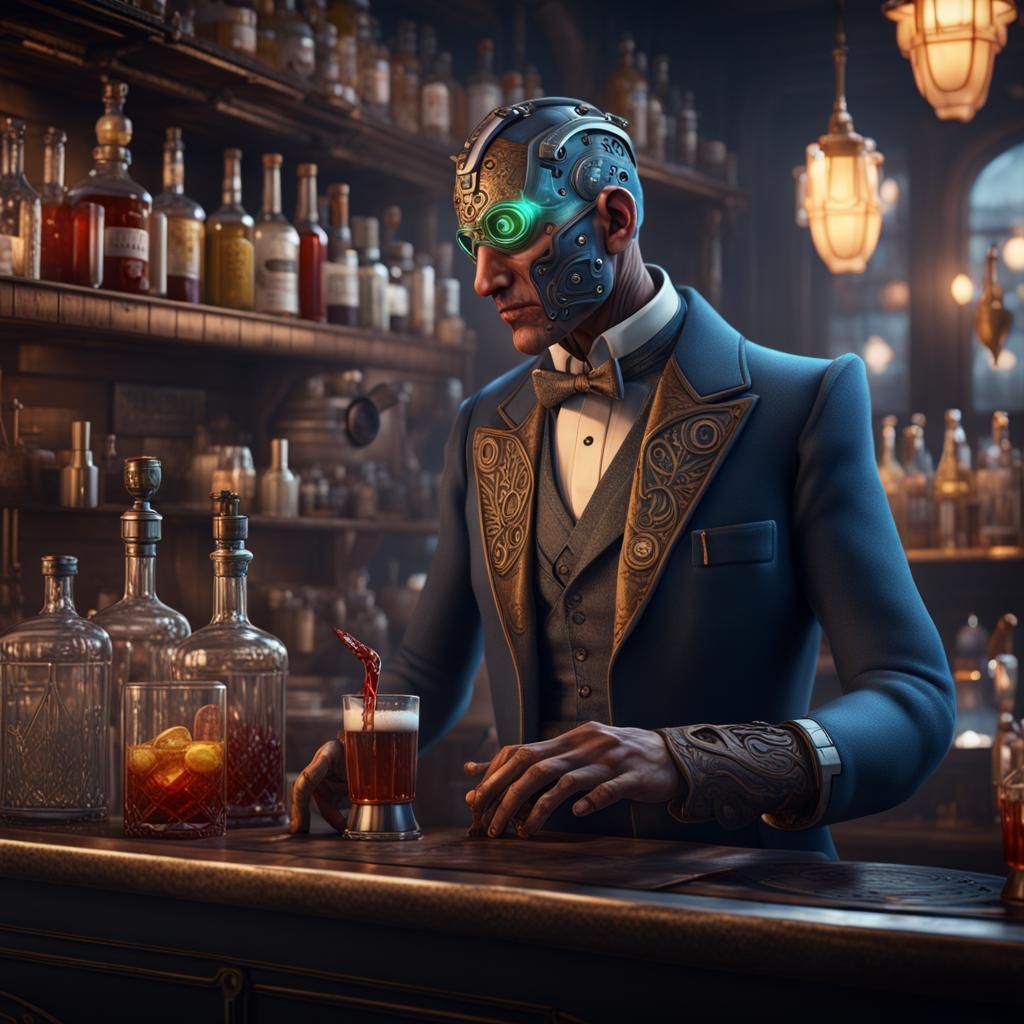 Cyborg Bartender in 1920s Style: Detailed Matte Painting