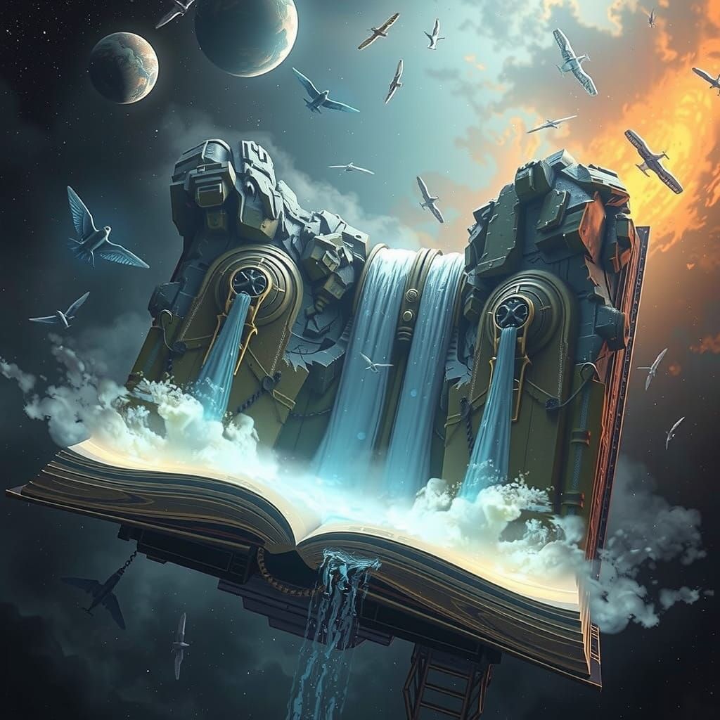 Surreal Cosmic Library Unfolds with Vast Waterfalls in Ether...