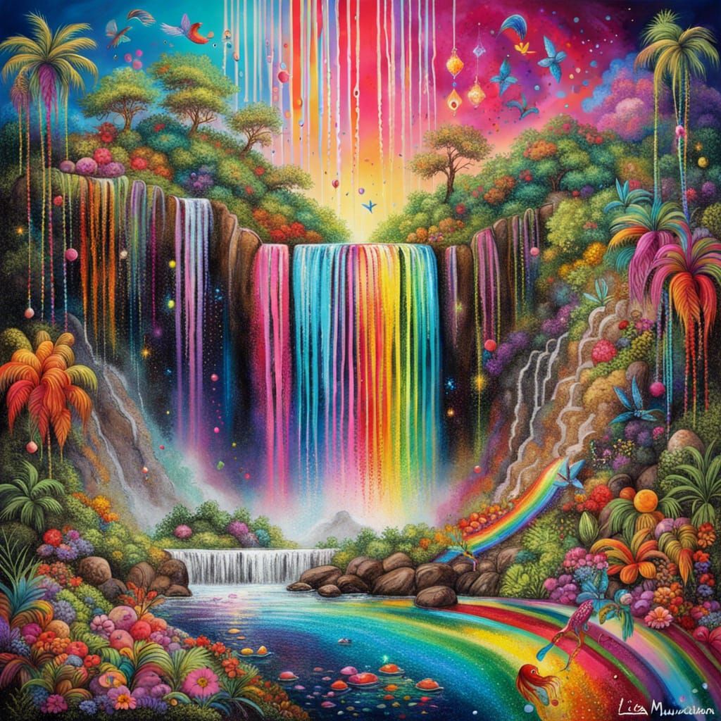 Rainbow Waterfall Jungle: Maximalist Glittering Landscape