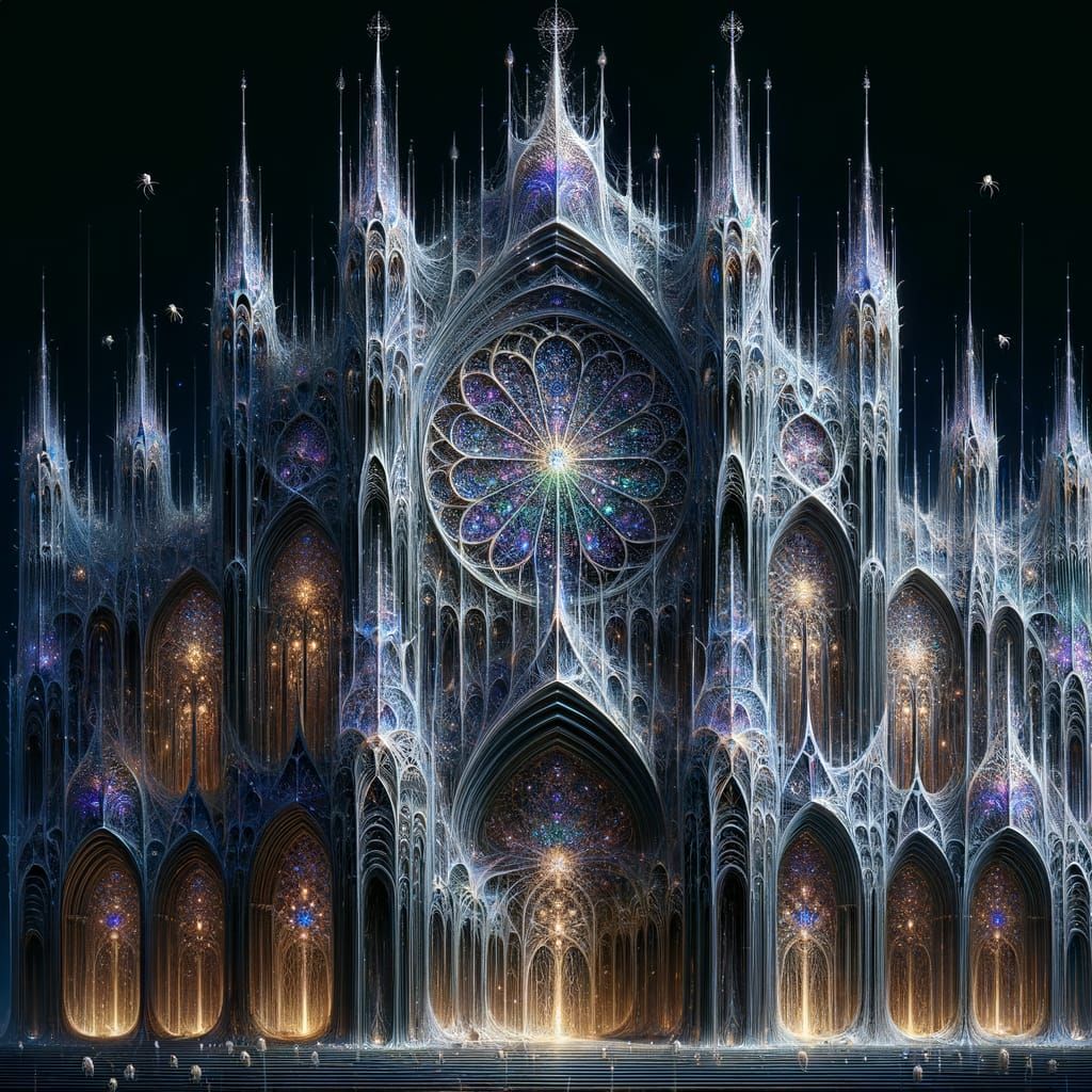 Gothic Cathedral Facade Made of Shimmering Spiderwebs