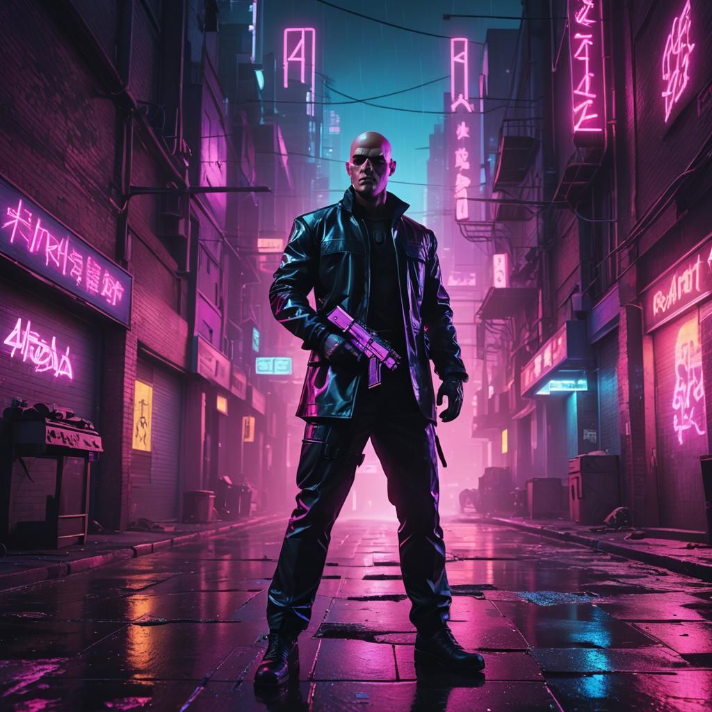 Agent 47 in Synthwave Neon Alleyway