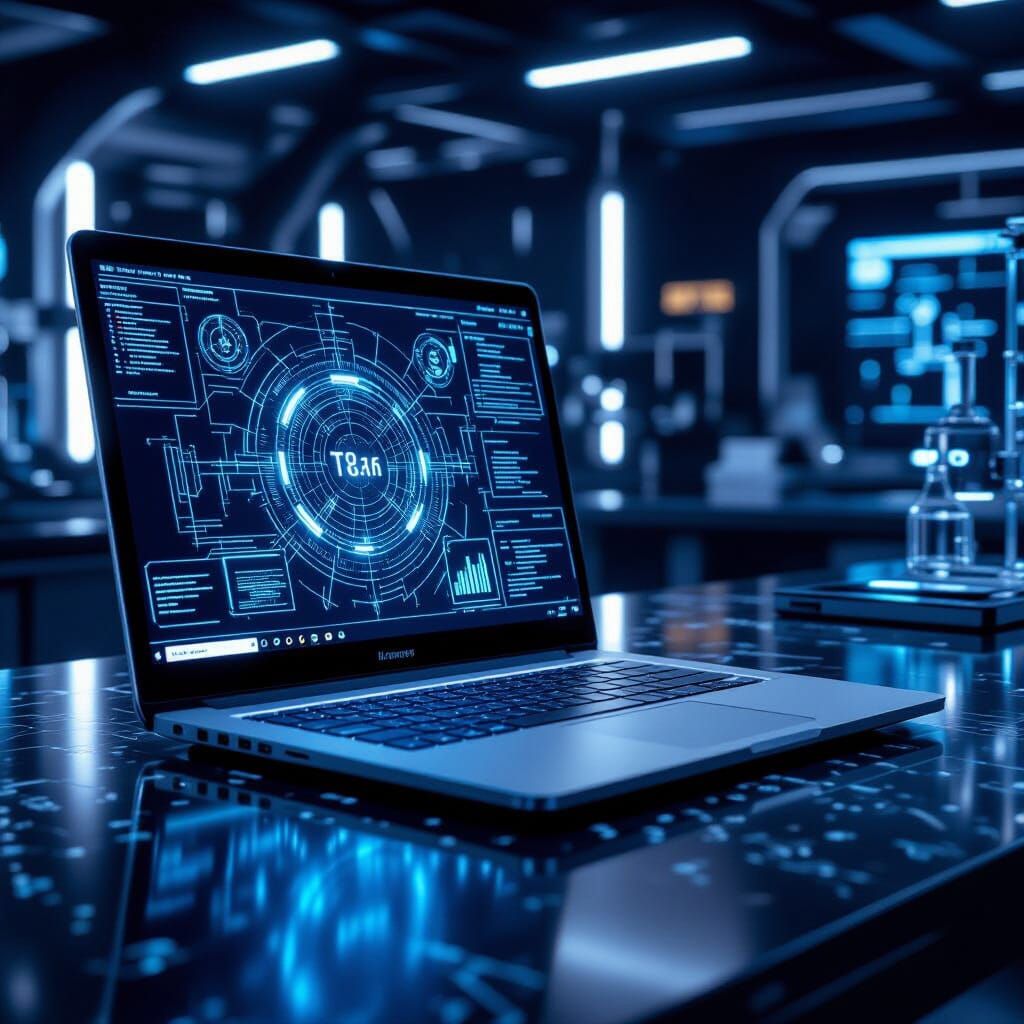 Futuristic Laptop in High-Tech Lab with Holographic Schemati...