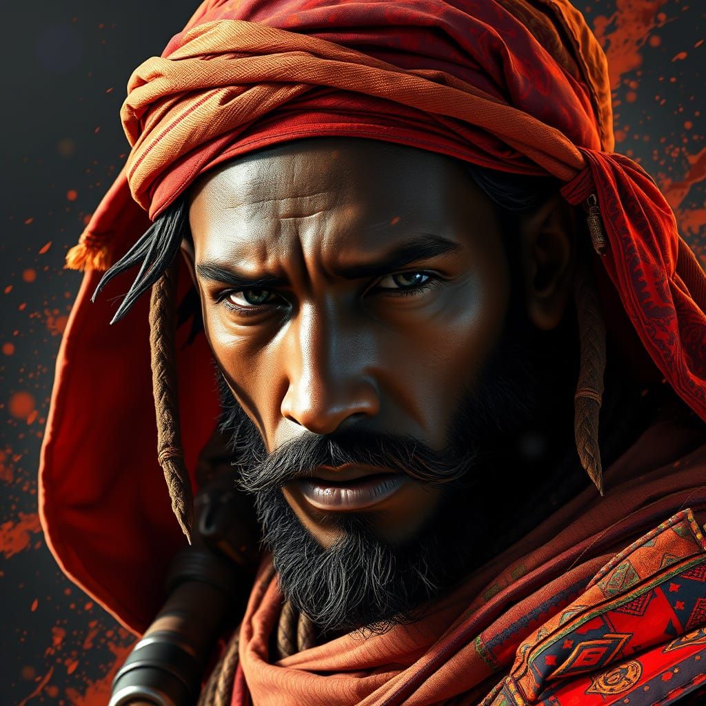 Detailed Portrait of a Desert Pirate in Art Nouveau Style