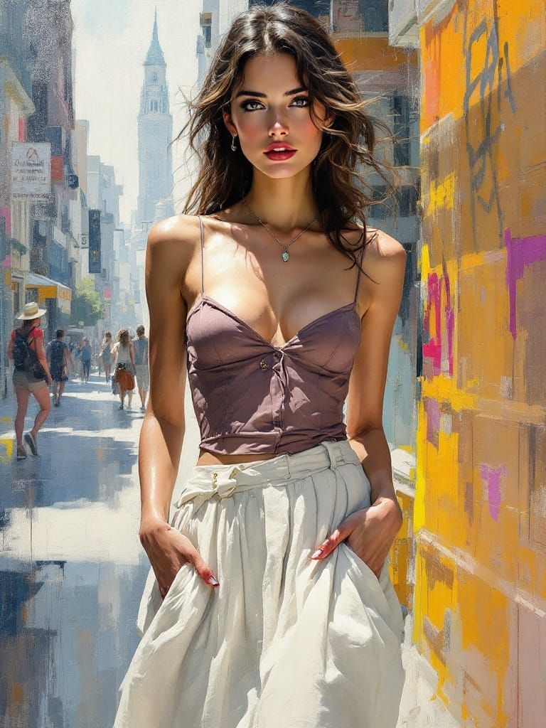 Impressionistic Urban Fashion in Encaustic Wax Style