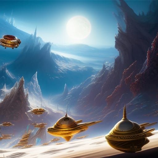 Space Fleet Explores Ringed Planet in Rococo Style
