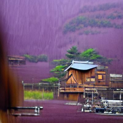 Distant Rain on Mauve Onsen and Shack