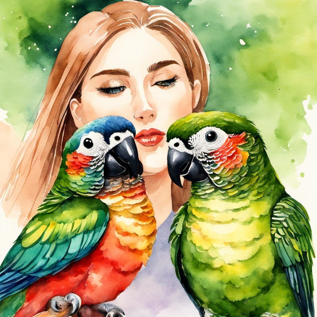 Watercolor of Woman Kissing Green-Cheek Conure