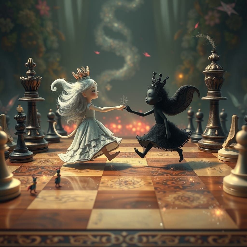 Chess Queens' Whimsical Escape in Fantasy Art Style