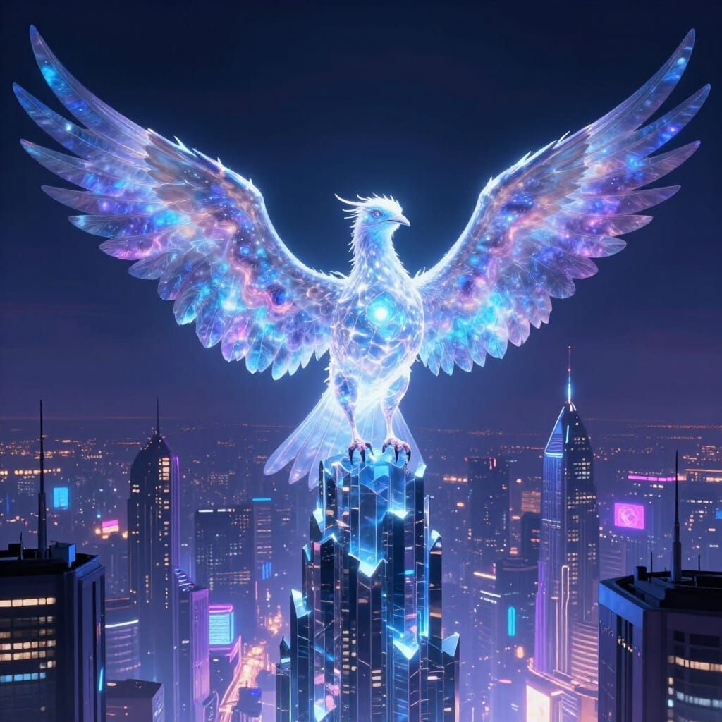 Bioluminescent Snowbird Creature on Crystalline Skyscraper