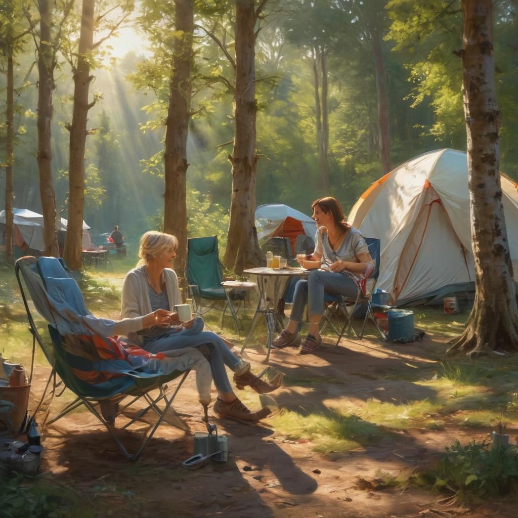 Lesbian Couple Camping: Morning Coffee in Sunlight