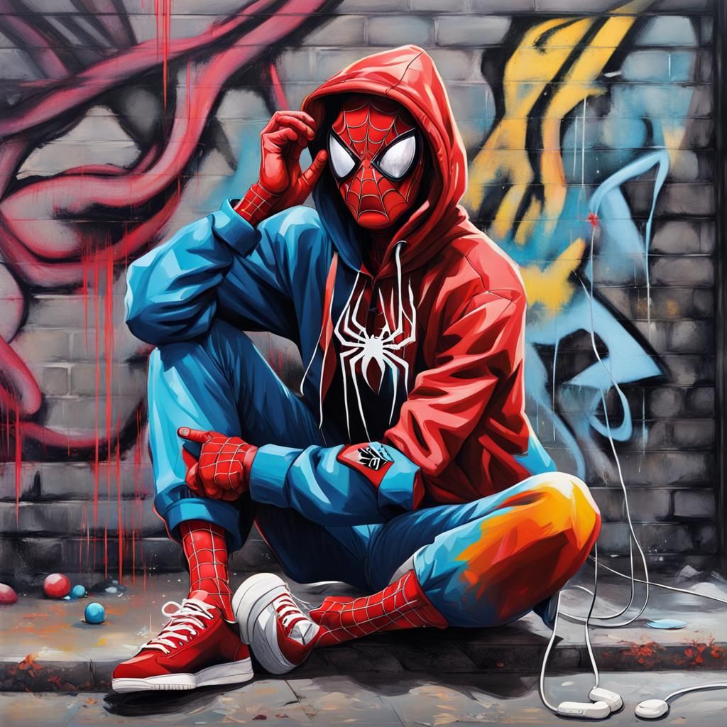 Miles Morales Spiderman in Graffiti Street Art Style
