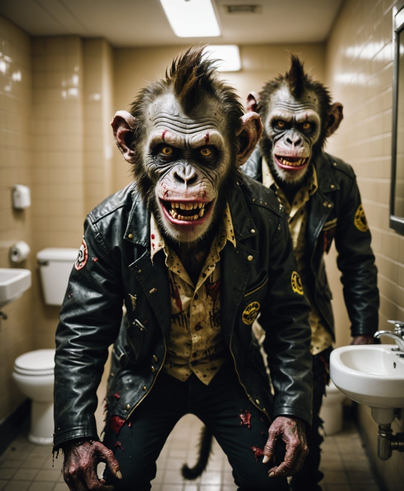 Creepy Clown Zombies Terrorize Public Restroom in Dark Urban...