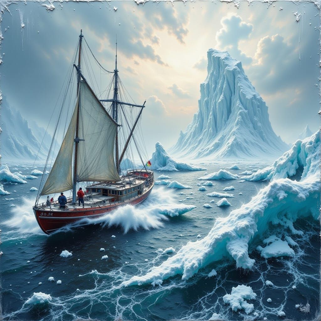 Tuna Boat in Frozen Storm: Grungy Oil Painting