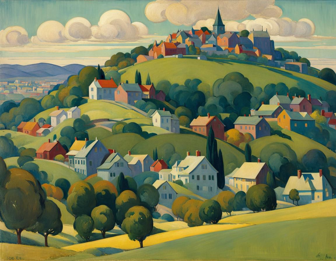 City on a Hill in Art Deco Style