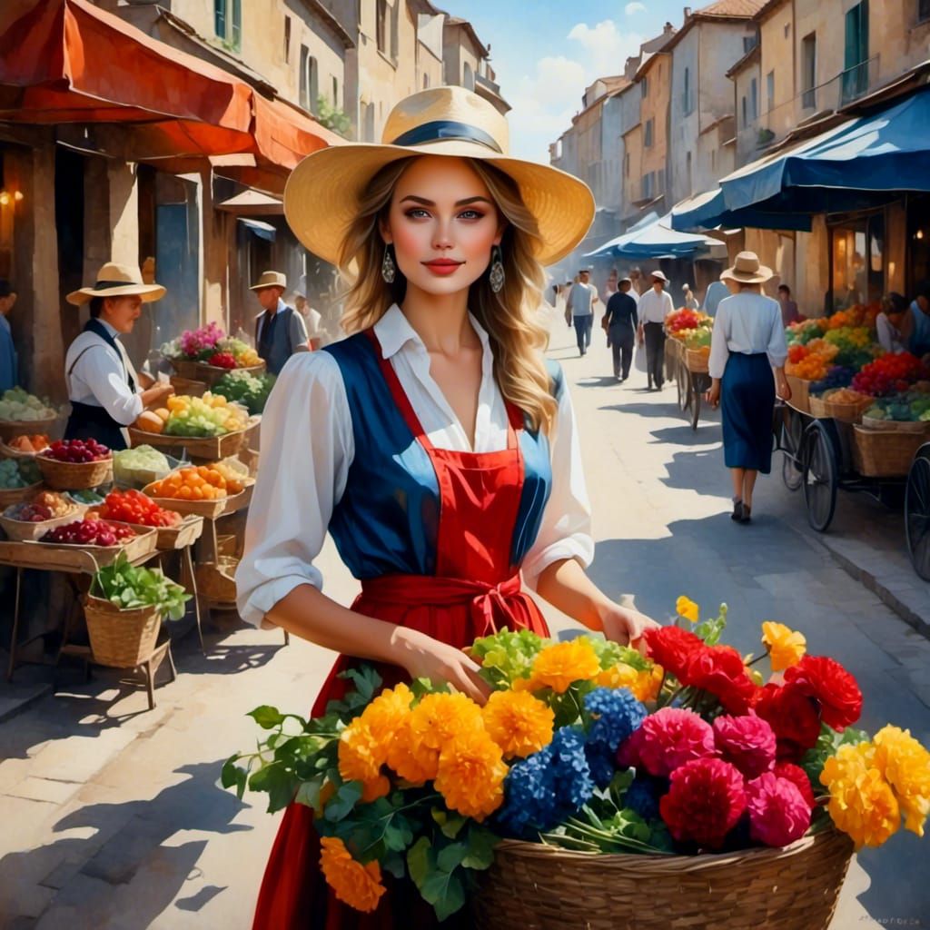 Colorful Flower Market Scene in Digital Painting Style