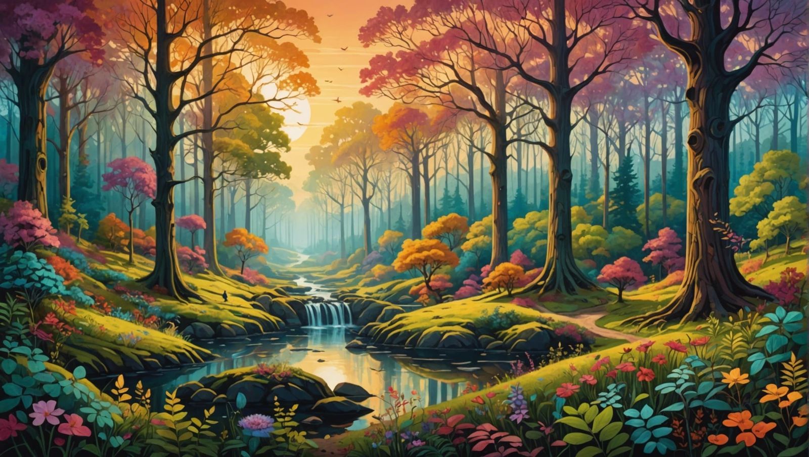 Whimsical Forest Landscape in Golden Hour Light