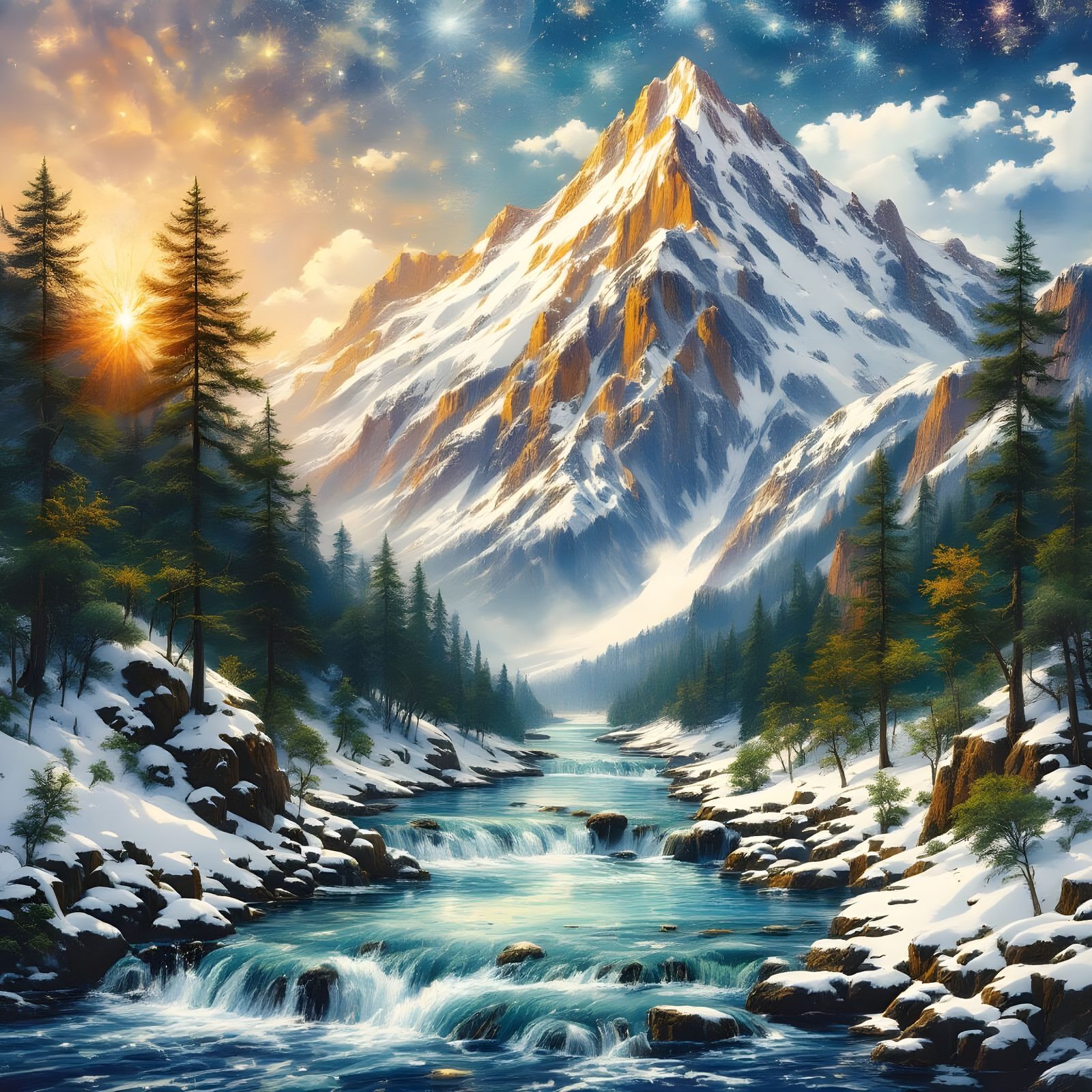 Majestic River Flows Down Snow-Capped Mountain