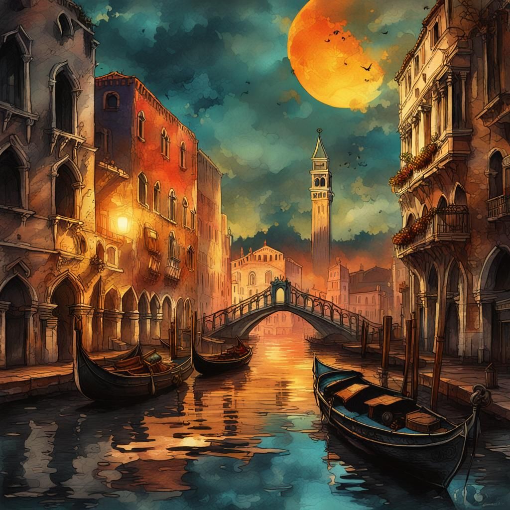 Surreal Venice Street Scene in Steampunk Style