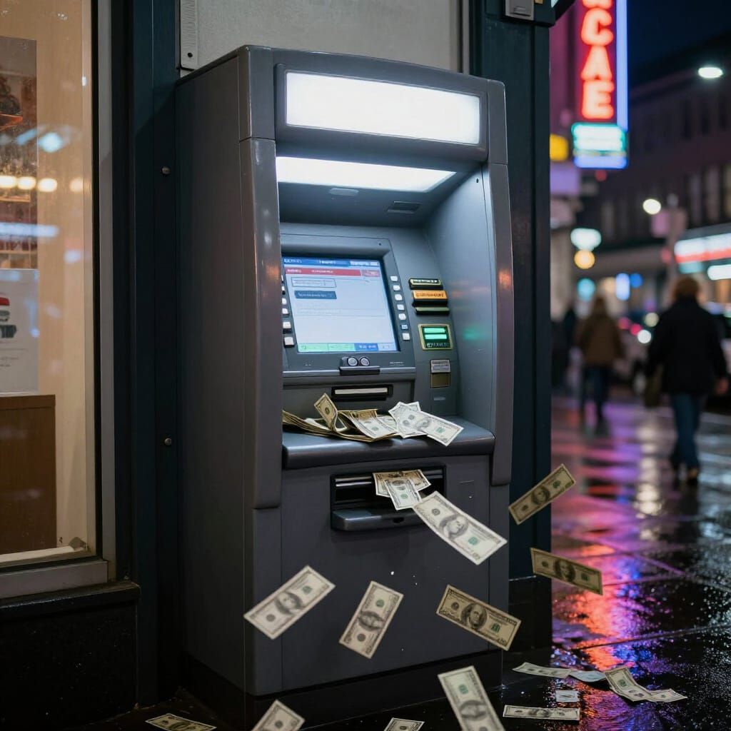 Hyperrealistic ATM Spews Cash on Busy City Street at Night
