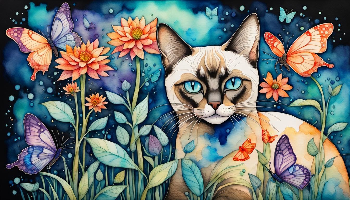 Siamese Cat in Butterfly Garden, Watercolor Ink Drawing