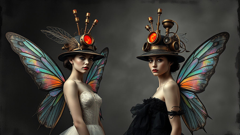 Steampunk Fairies In Decorative Hats Create a black and whit...