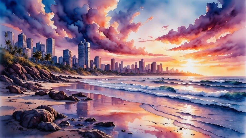 Surreal City Beachscape at Sunrise in Synthwave Art Style