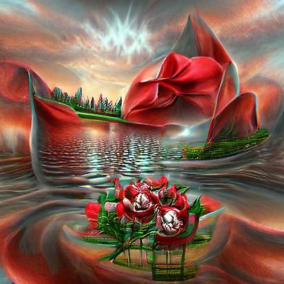 Magical Red Roses on Lake: Surreal Airbrush Art